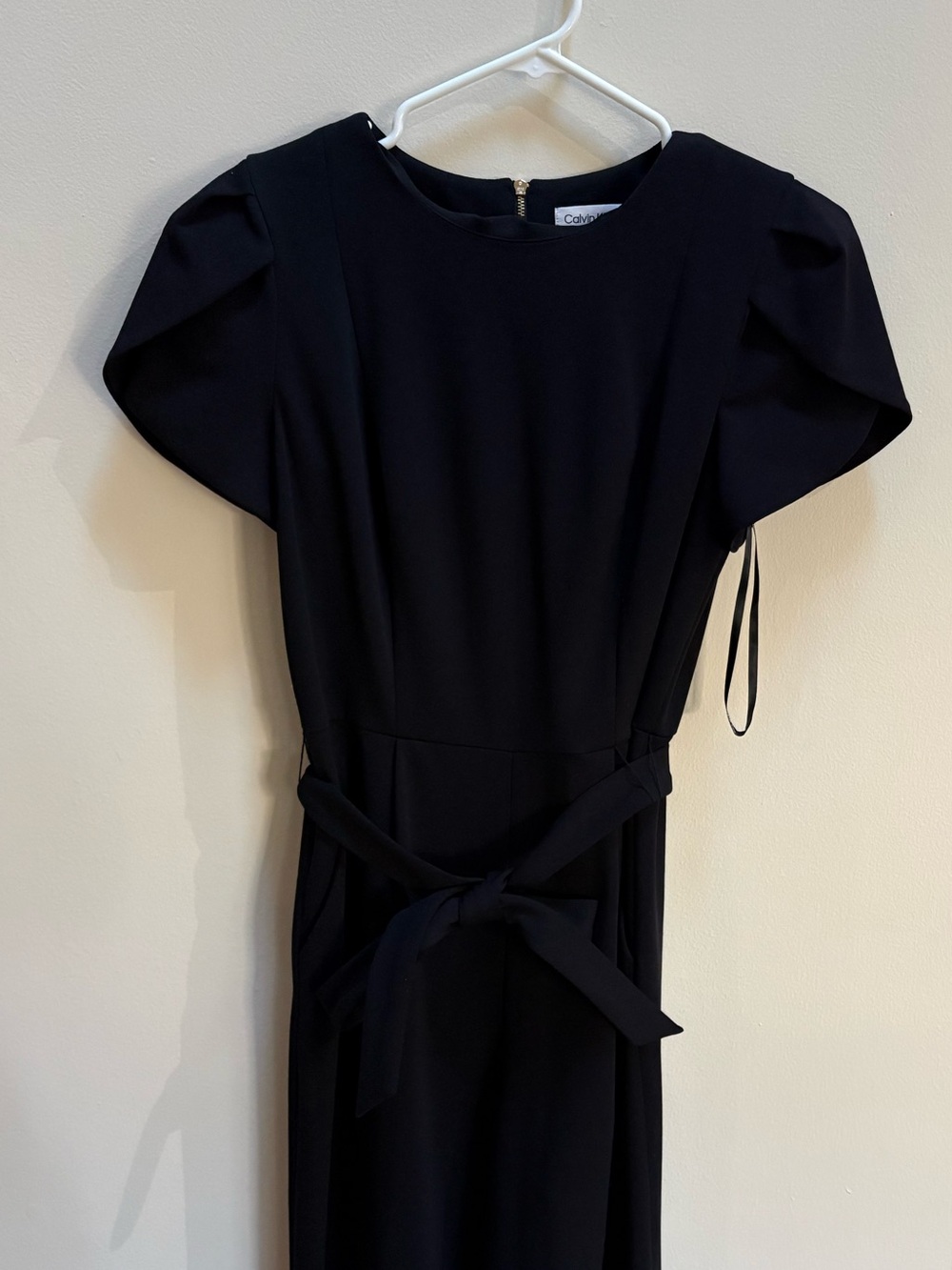 Calvin Klein Black Puff-Sleeve Belted Midi Dress